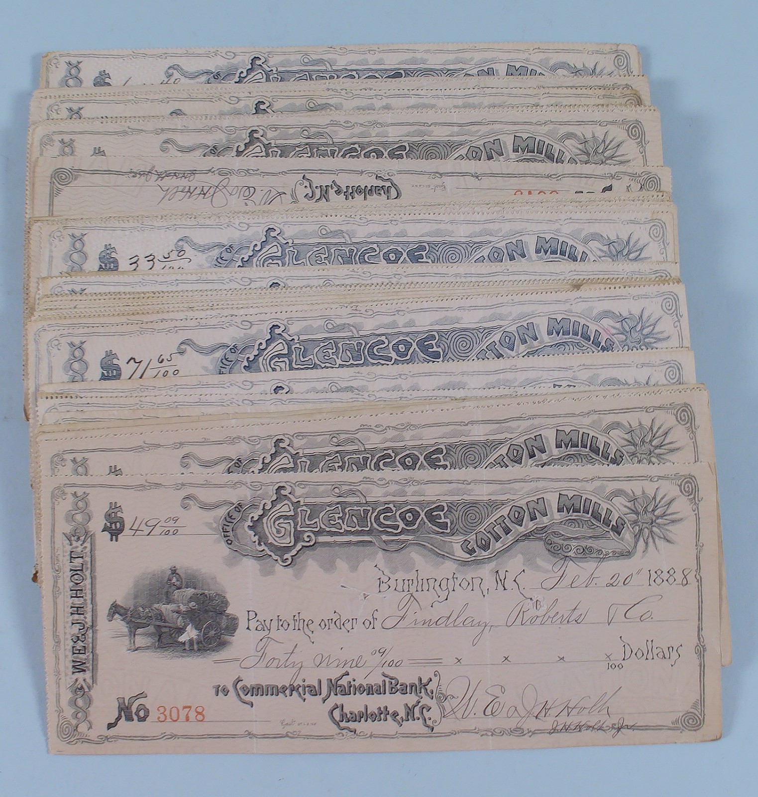 WHOLESALE Lot 100 Bank Checks Glencoe Cotton Mills Burlington, NC 1880's/1890s