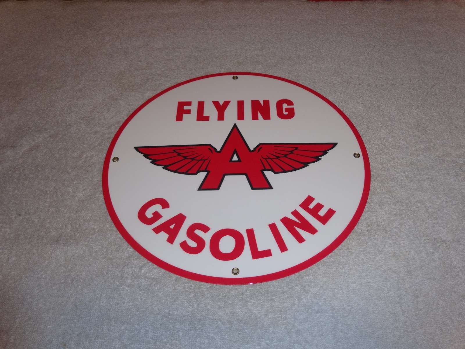 VINTAGE FLYING A GASOLINE WHITE 11 3/4" PORCELAIN METAL SERVICE STATION OIL SIGN
