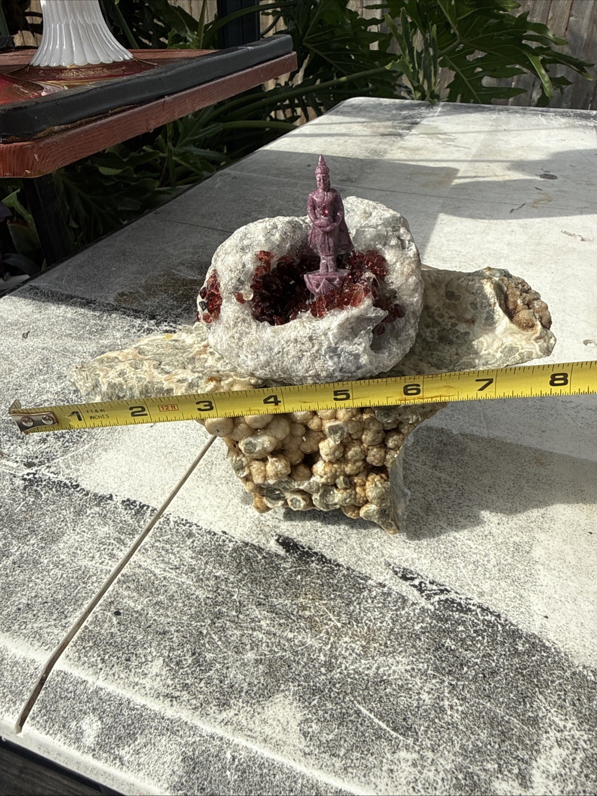 Carved Ruby Buhda On Ocean Jasper Faced Rough, Incredible Orbs Red Crystals 6”