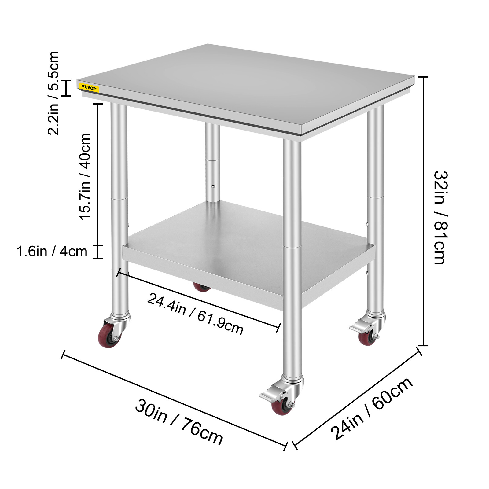 VEVOR Stainless Steel Work Table with Wheels 24x30 Inch Kitchen Food Prep Table