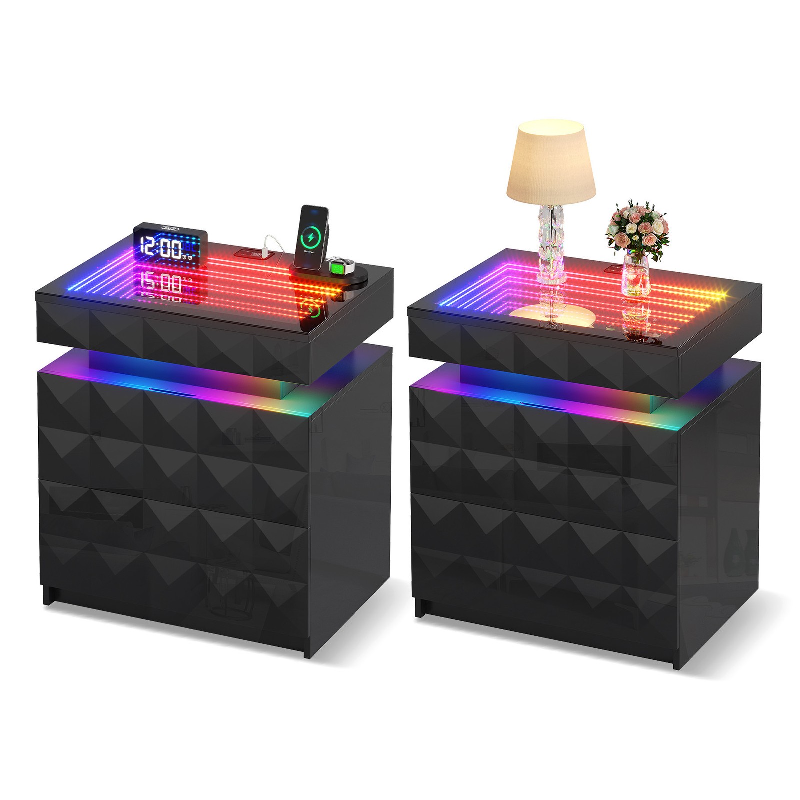 Gurexl Night Stand Set of 2 with RGB Lights- Tempered Glass and Sliding Top
