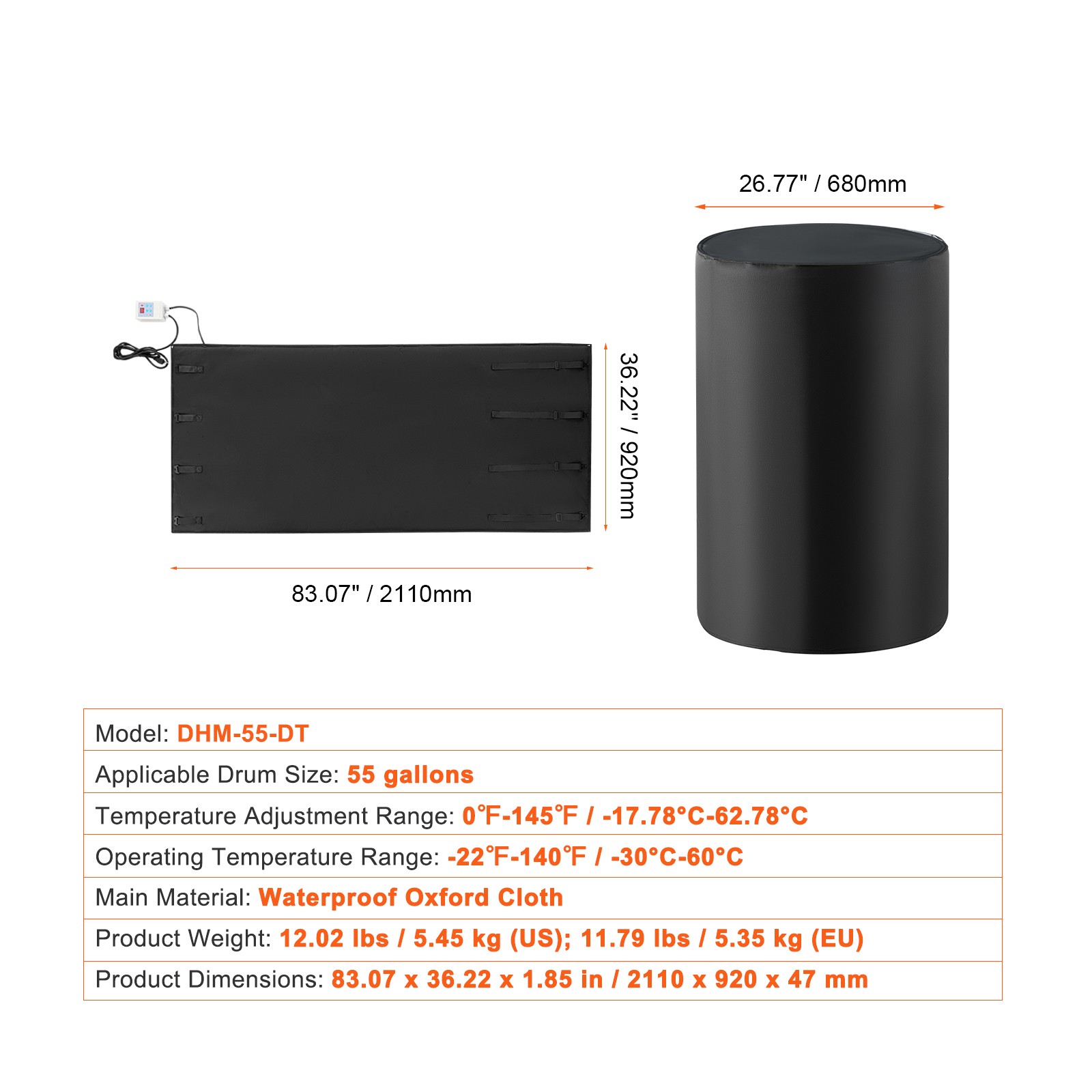 55 Gal Metal Drum Heater 1300W 0-145℉ Adjustable w/ Independent Thermostat