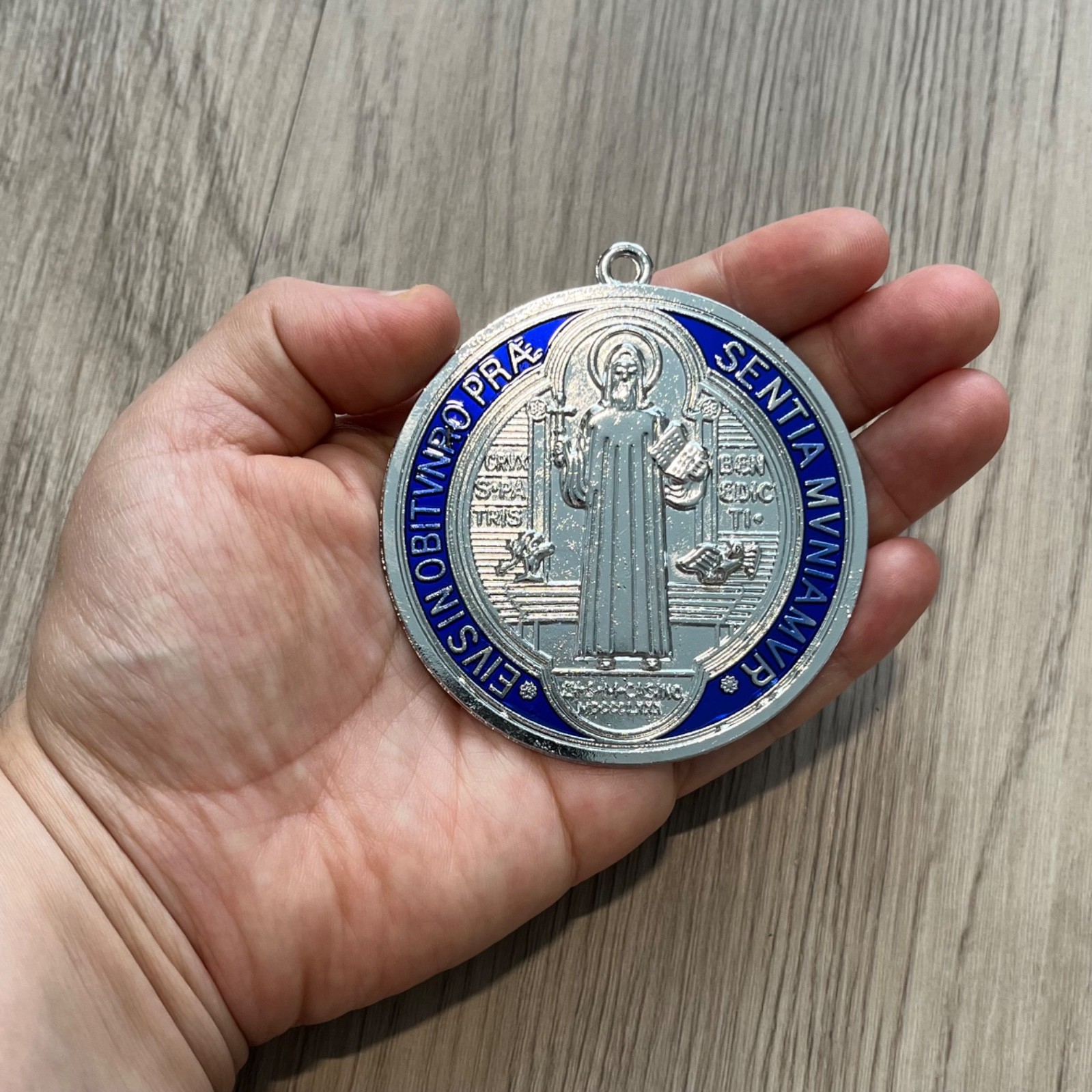 Catholic St Benedict 3” Medal Silver Blue Red Enamel Medalla Medallón San Benito