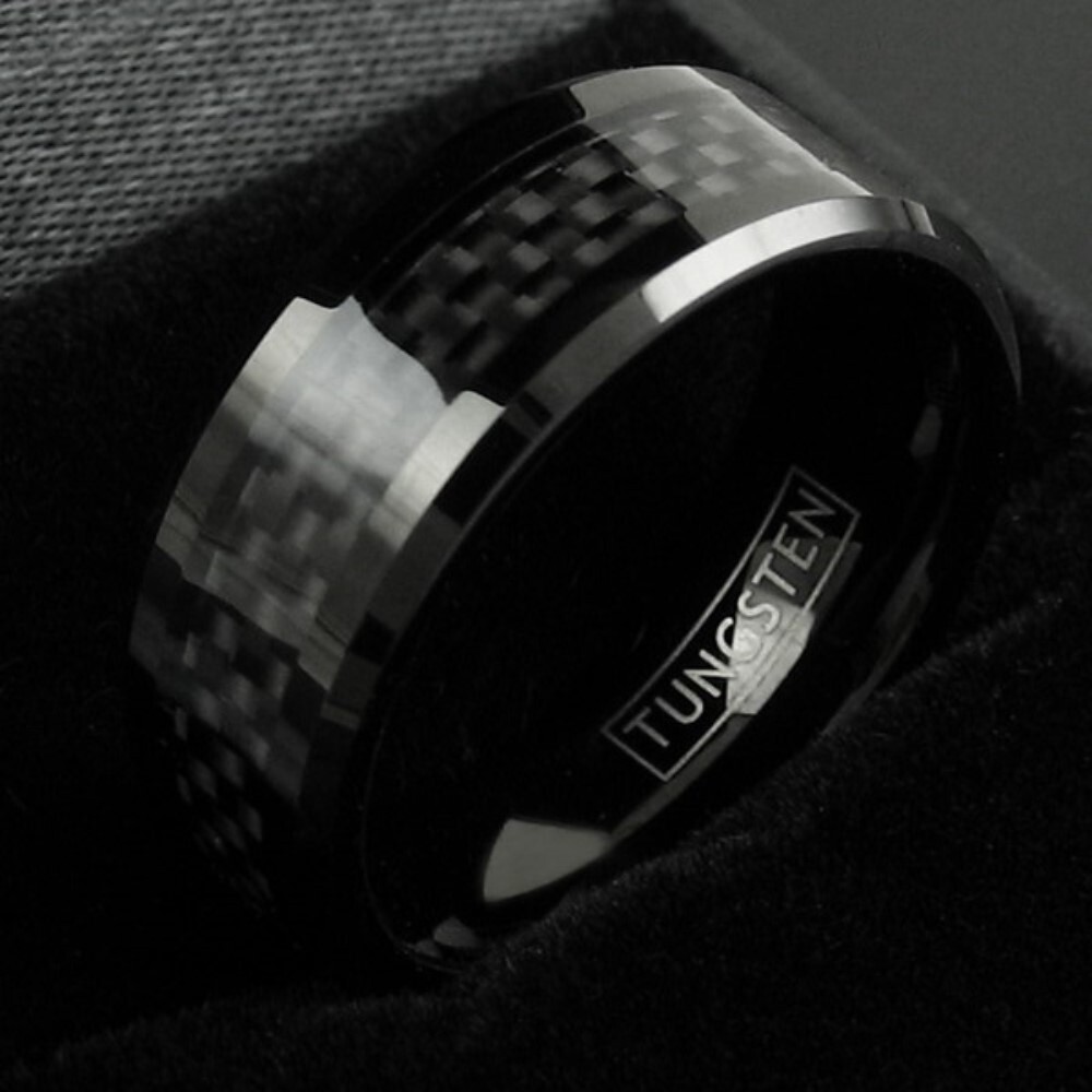 8mm Tungsten Carbide Ring Black Carbon Fiber Inlay Wedding Band Mens Jewelry