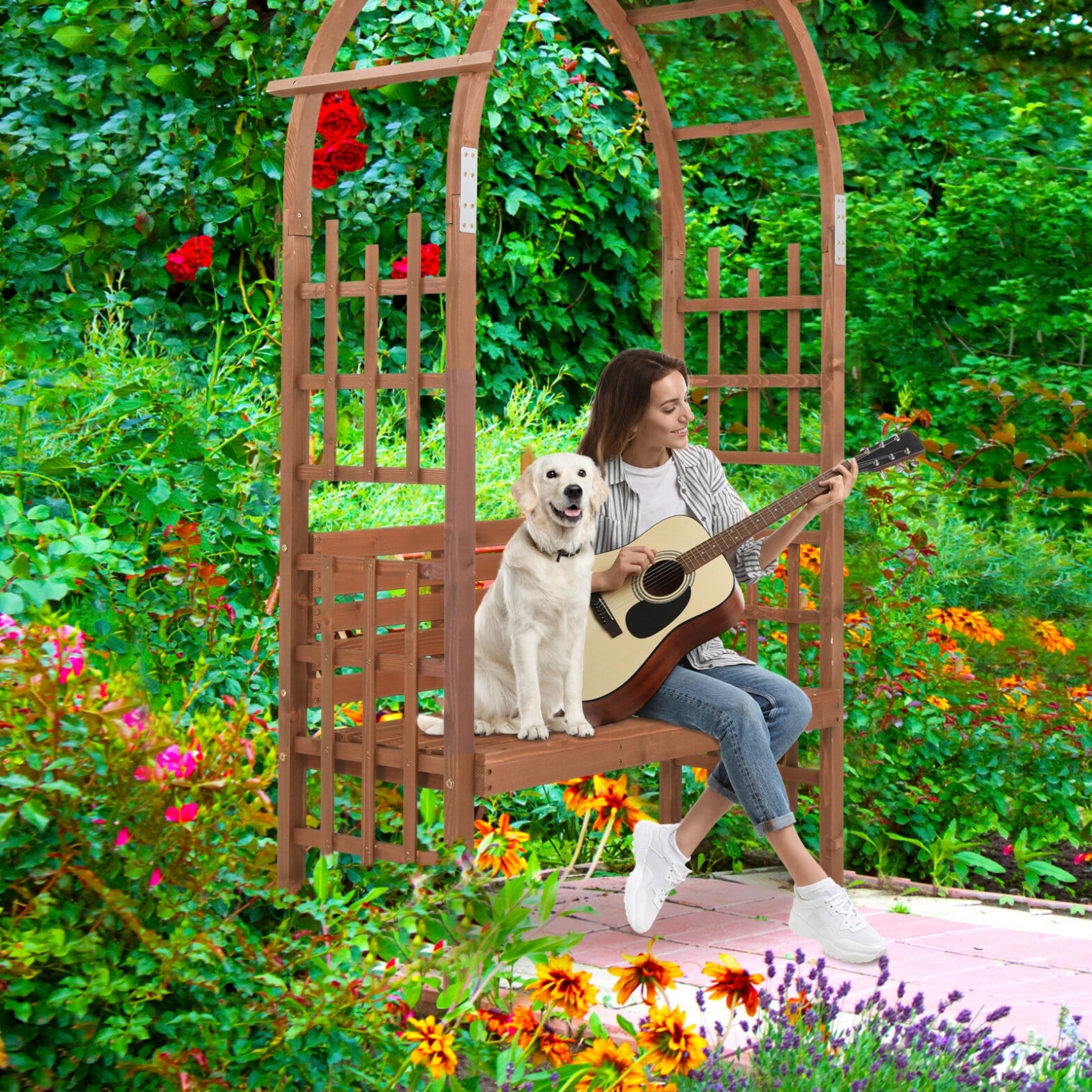 81.5" Outdoor Arbor Trellis w/Bench, Wooden Garden Bench Arch Pergola Backrest