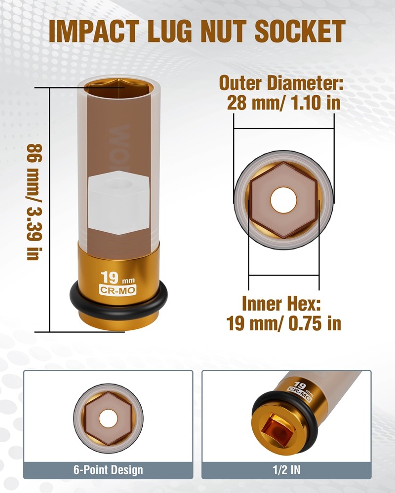 WORKPRO 1/2" Drive Lug Nut Impact Duty Socket 19mm Deep Thin Wall Socket 6 Point