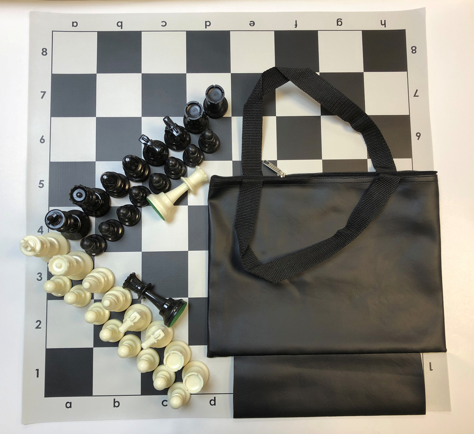 TOURNAMENT CHESS SET COMBO: BLACK BAG W/ LOOP, BLACK BOARD & CHESS PIECES