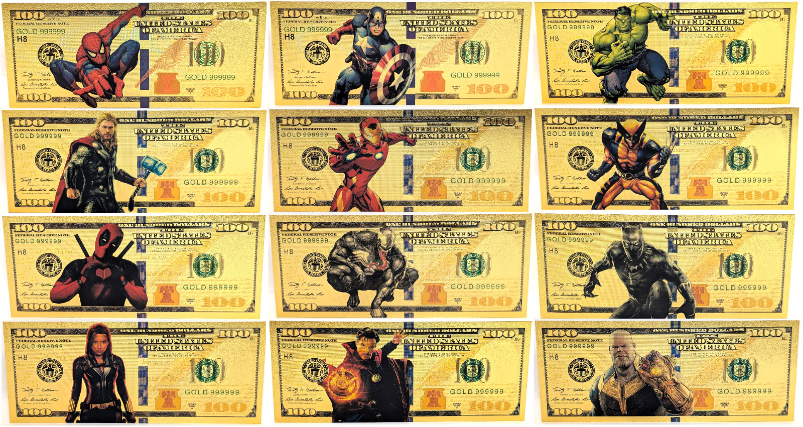 Avengers MARVEL Superheroes $100 Dollars 24K Gold Plated Bills Notes - XS22