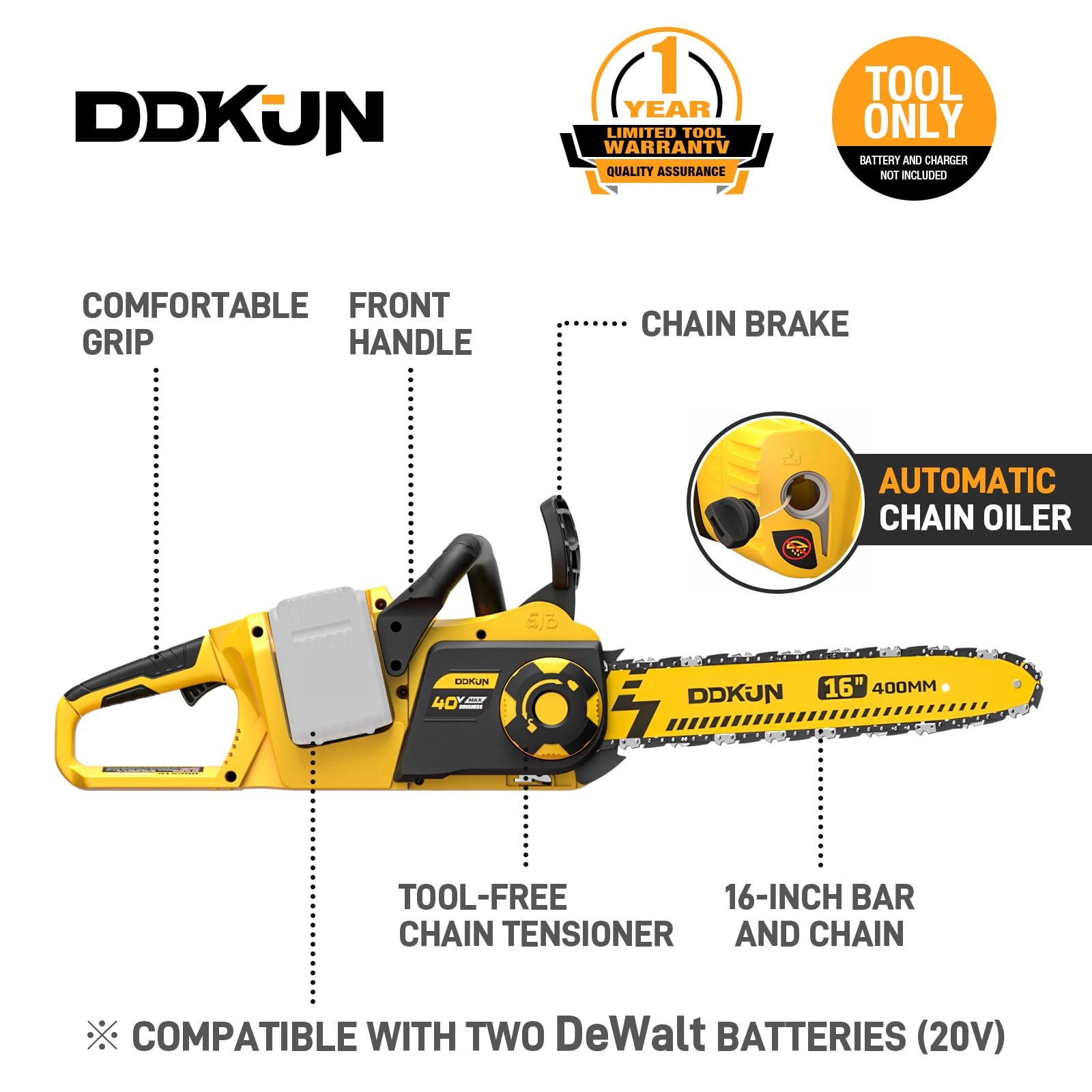 DDKUN 16-Inch Brushless Chainsaw, 40V (2 x 20V MAX) Cordless Battery Yellow