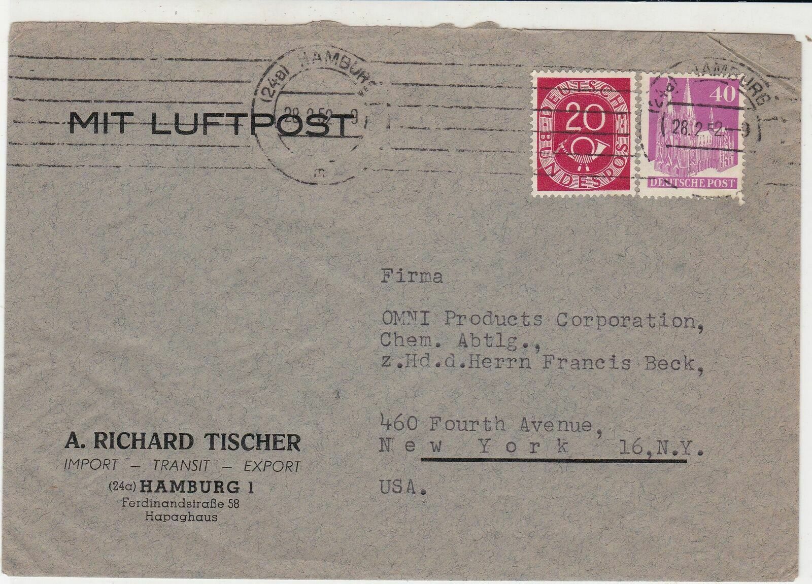 Germany Hamburg 1952 Luftpost Posthorn + Other Stamps Cover to New York Rf 32306