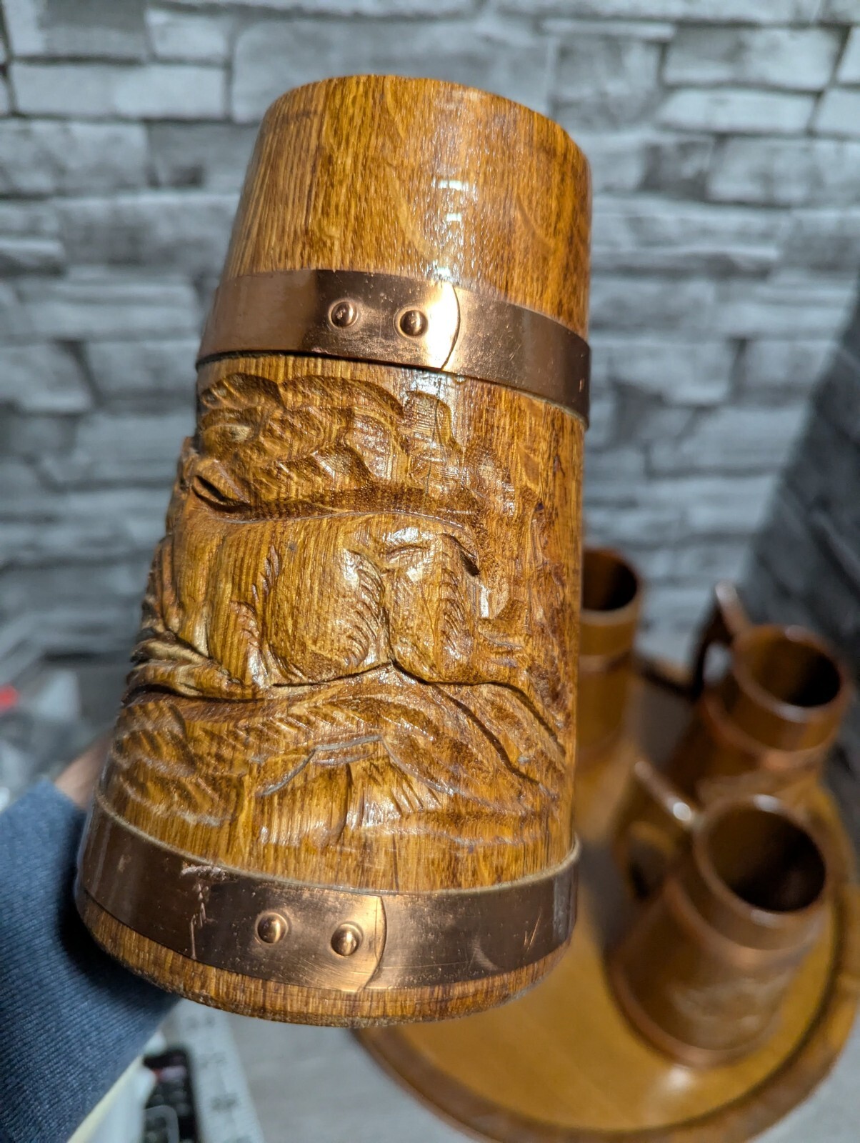 Vtg Set Of 5 Wood & Copper Beer Mug Stein Tankard Cups w/Tray Viking Bar Decor