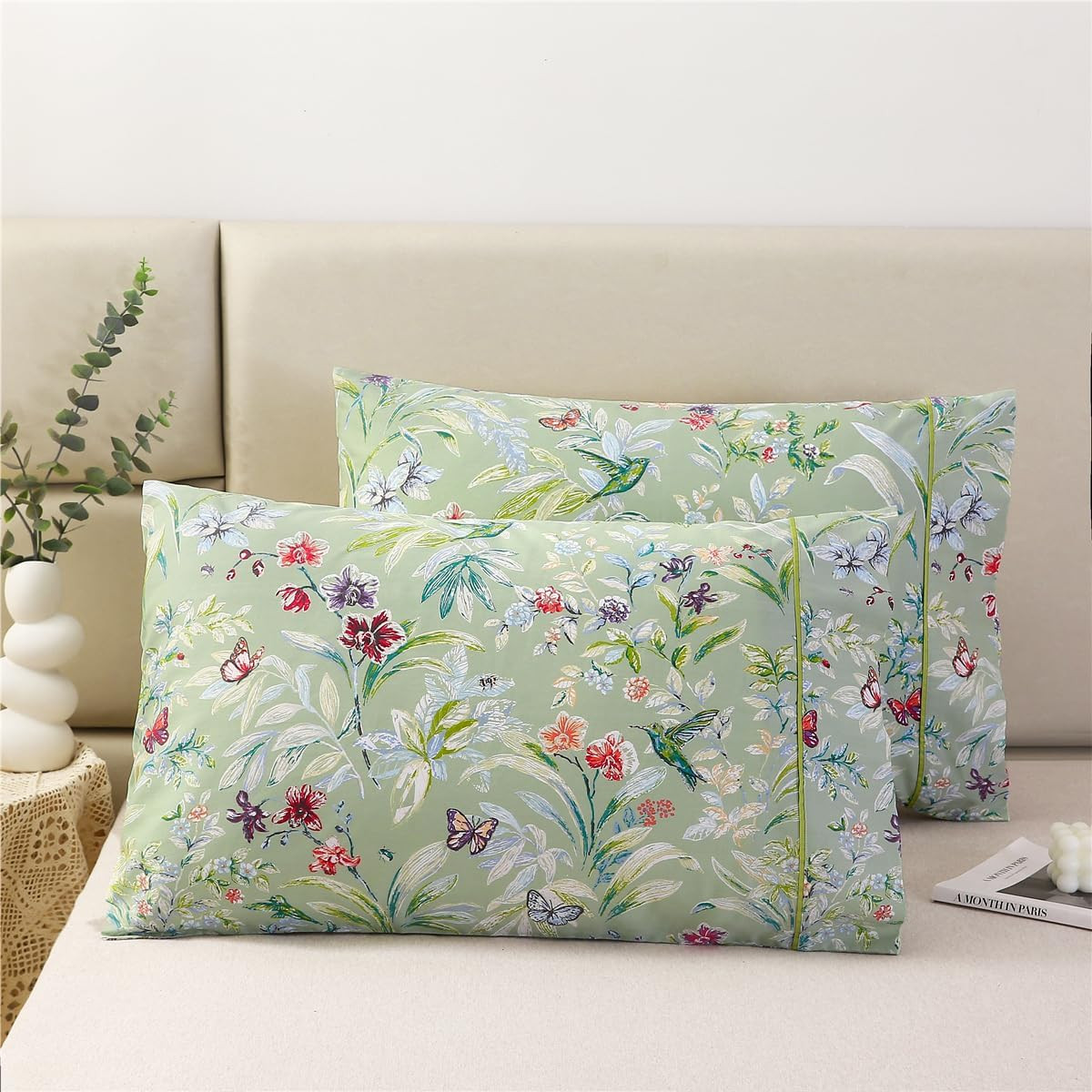 100% Cotton Pillowcases Set of 2 King Size Floral Printed Butterfly Pillow Cases
