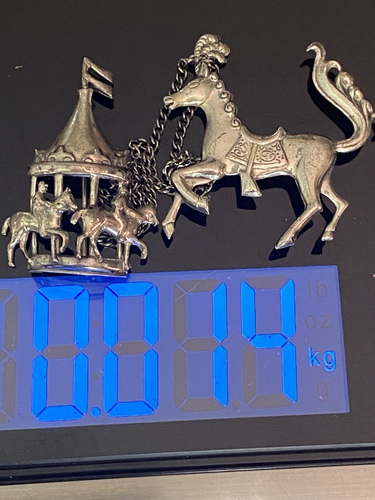 CAROUSEL HORSE and CAROUSEL on chain -LANG - STERLING SILVER - BROOCH/PIN 14 gr