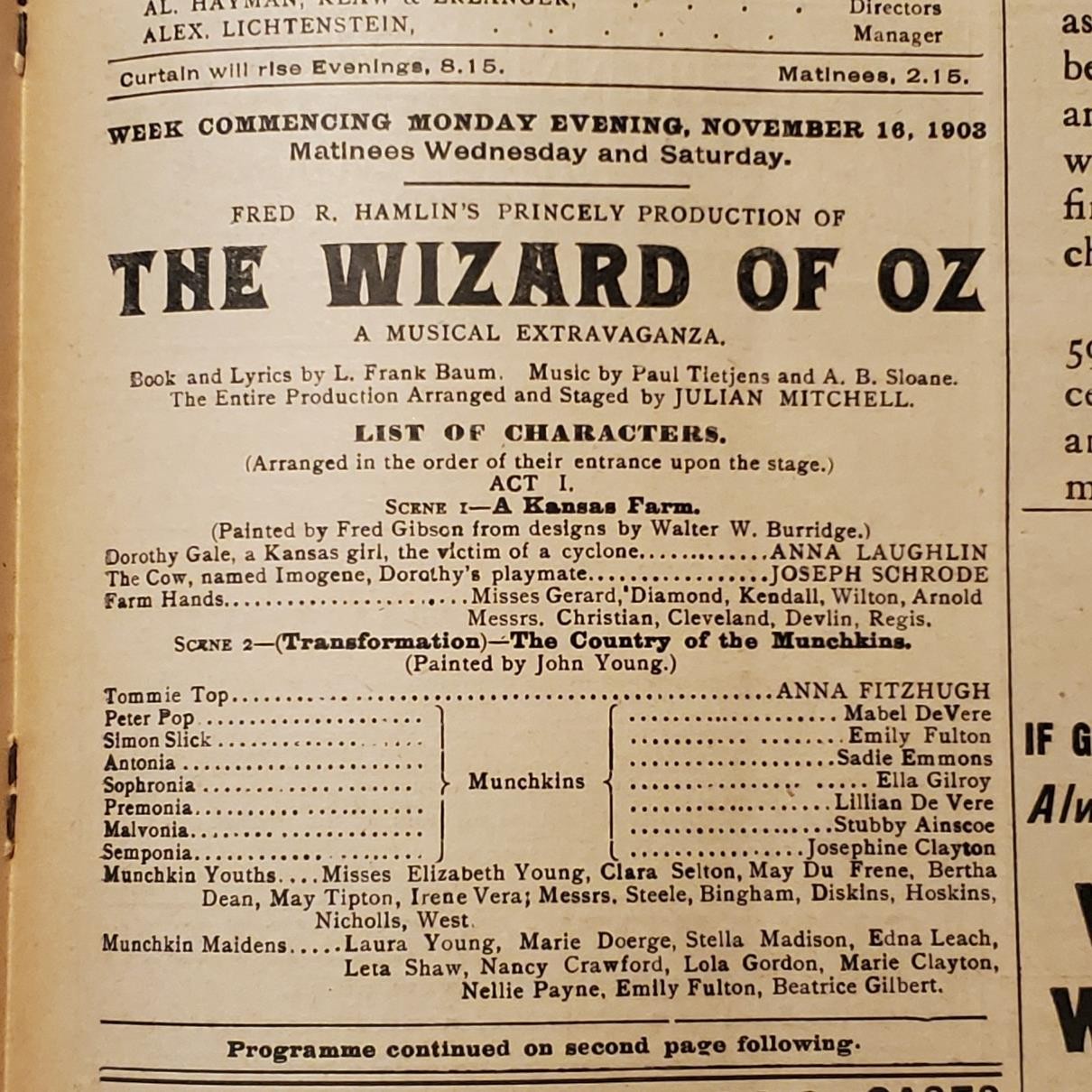 2243----1903 Wizard of Oz program Harlem Opera House NYC