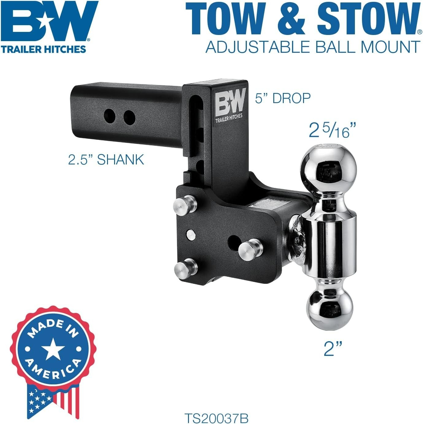 B&W Trailer Hitches Tow & Stow Adjustable Hitch Ball Mount - TS20037B