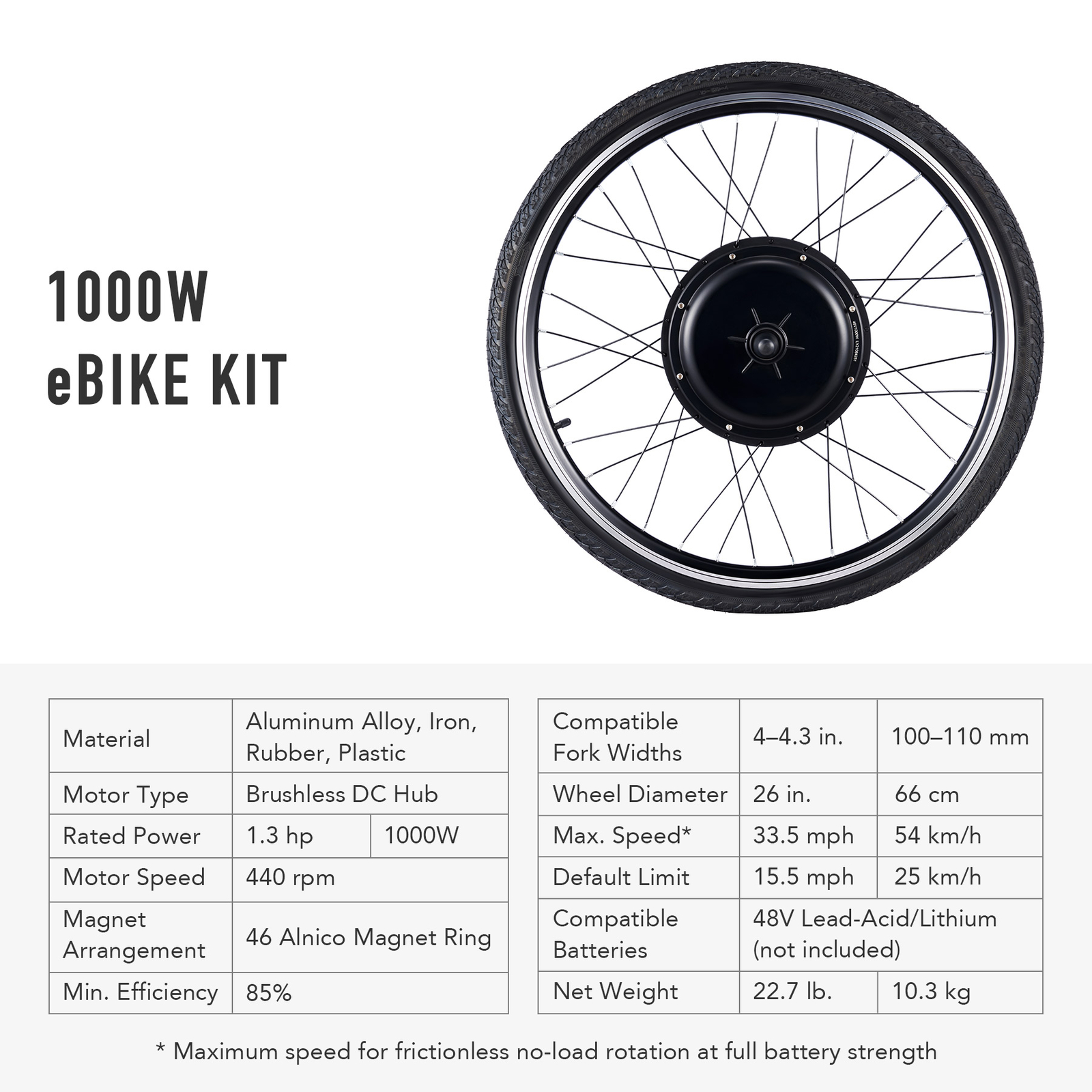 VIRIBUS 1000W 26" eBike Front Wheel Conversion Kit 48V Motor Electric Bike