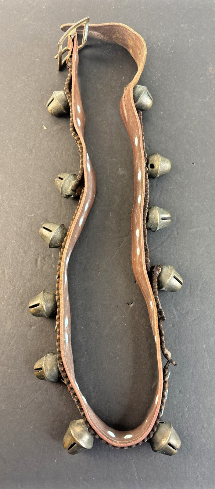 Antique 11 Brass Acorn Sleigh Bells on 41" Leather Strap w/ Copper Rivets VIDEO