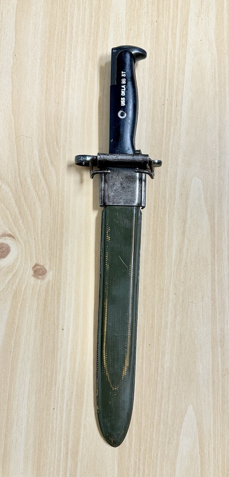 Pre-WWI US M1905-E1 10” Bayonet SA 1909 Springfield Armory Marked USS OKLA BB 37