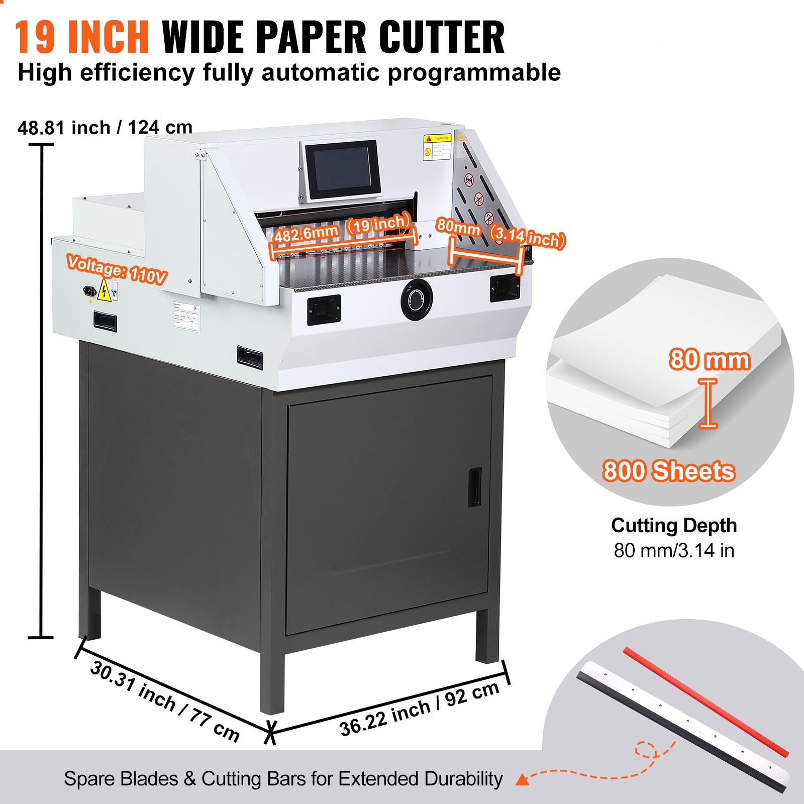 Electric Paper Cutter 19" Cutting Width 3.14" Thickness 7" Touchscreen