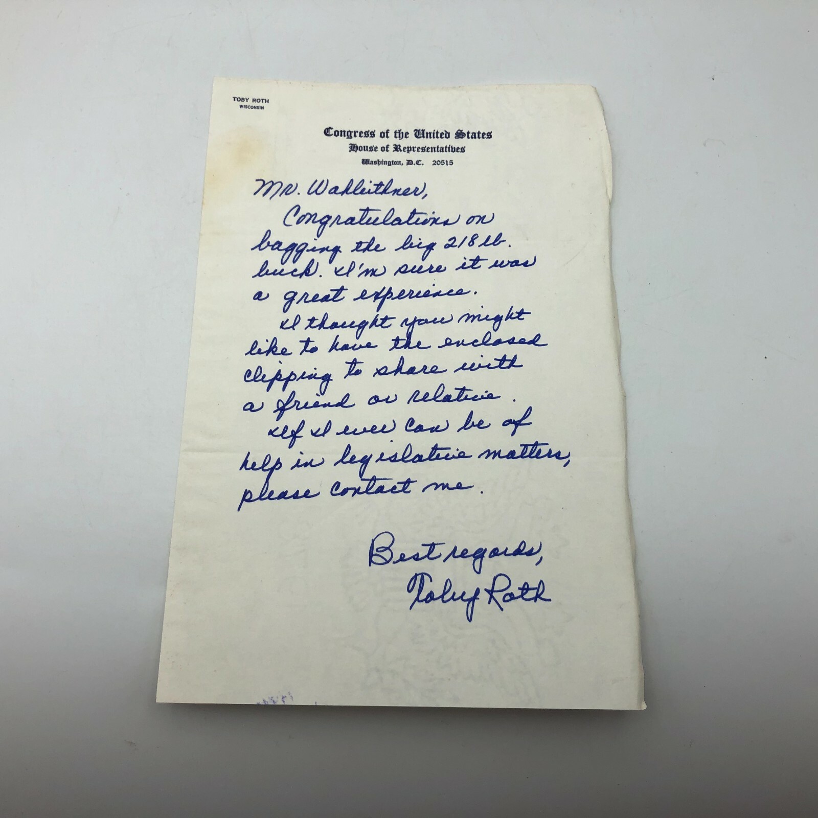 Vtg U.S. Congress Letterhead Toby Roth Representative WI Hand Written Letter Q1