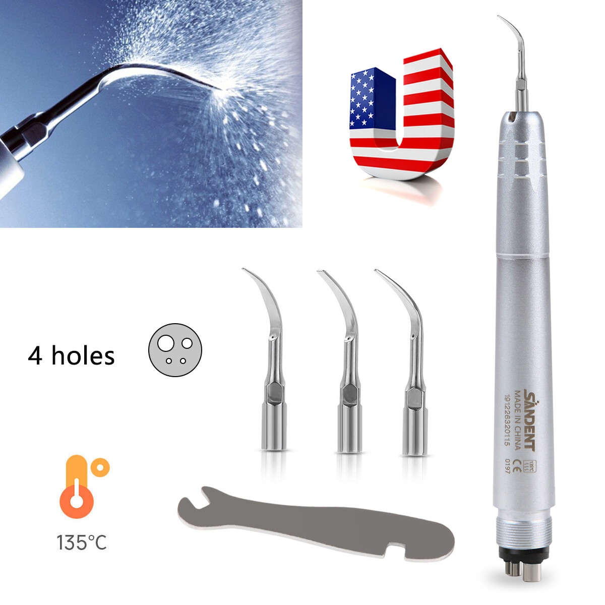 USA Dental Ultrasonic Air Perio Scaler Handpiece Hygienist 2 & 4-Holes 3 Tips CE