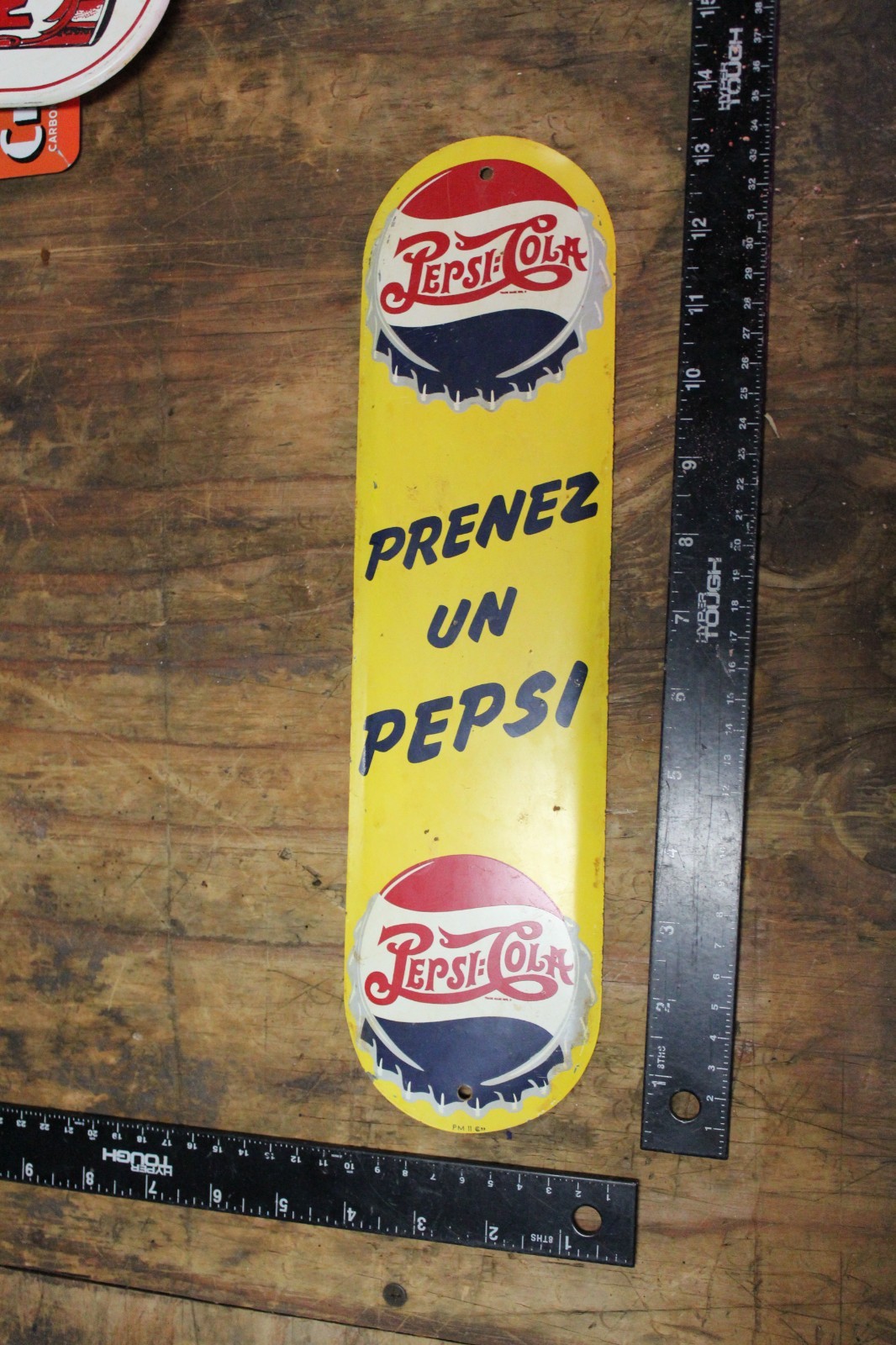 RARE 1950s PRENEZ UN PEPSI COLA STAMPED PAINTED METAL DOOR SIGN POP SODA COKE