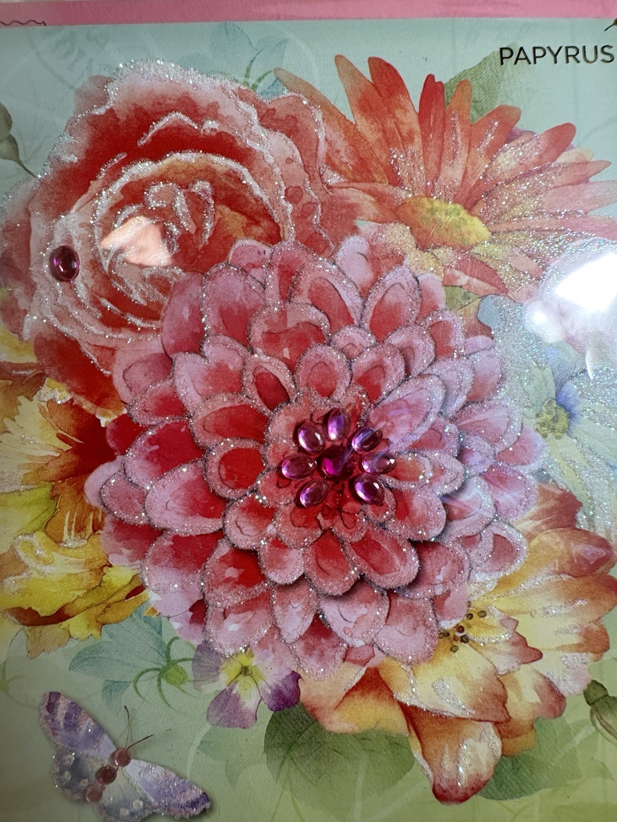 Papyrus Mother's Day Card Watercolor Peony Mums Flowers Glitter Jewels 2013