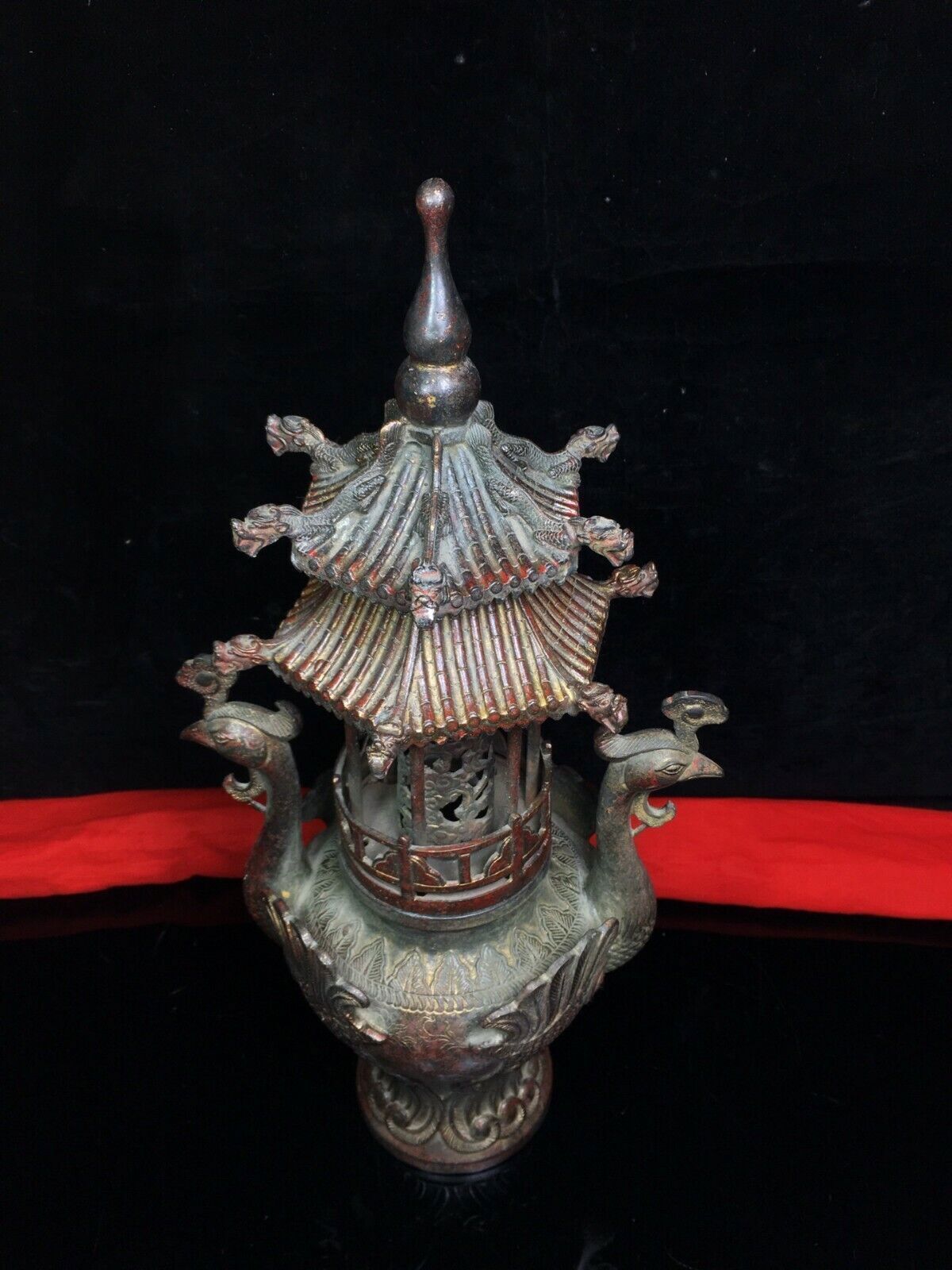 old Chinese Buddhist temple bronze Gilt Crane bird tower Incense Burner censer