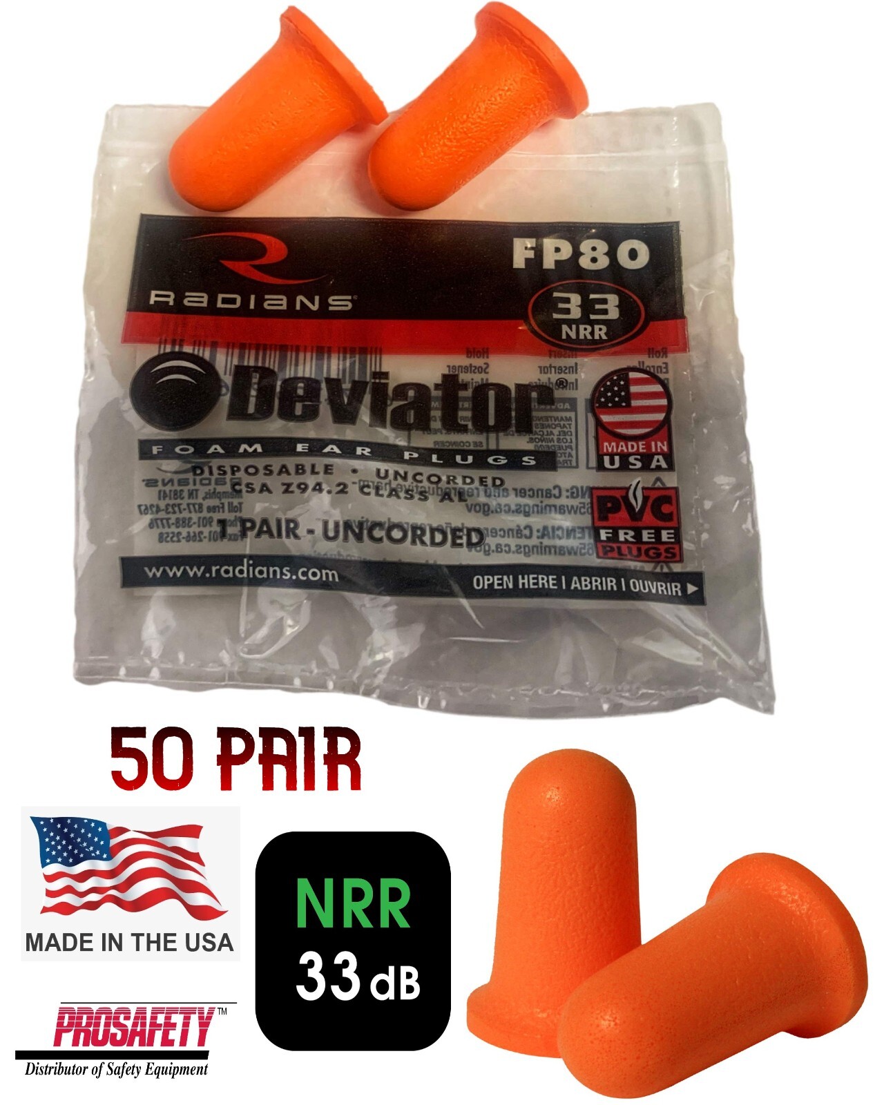 50 PR Hi Vis Orange Uncorded Foam Shooting Ear Plugs NRR 33db Sleep Aid Earplugs
