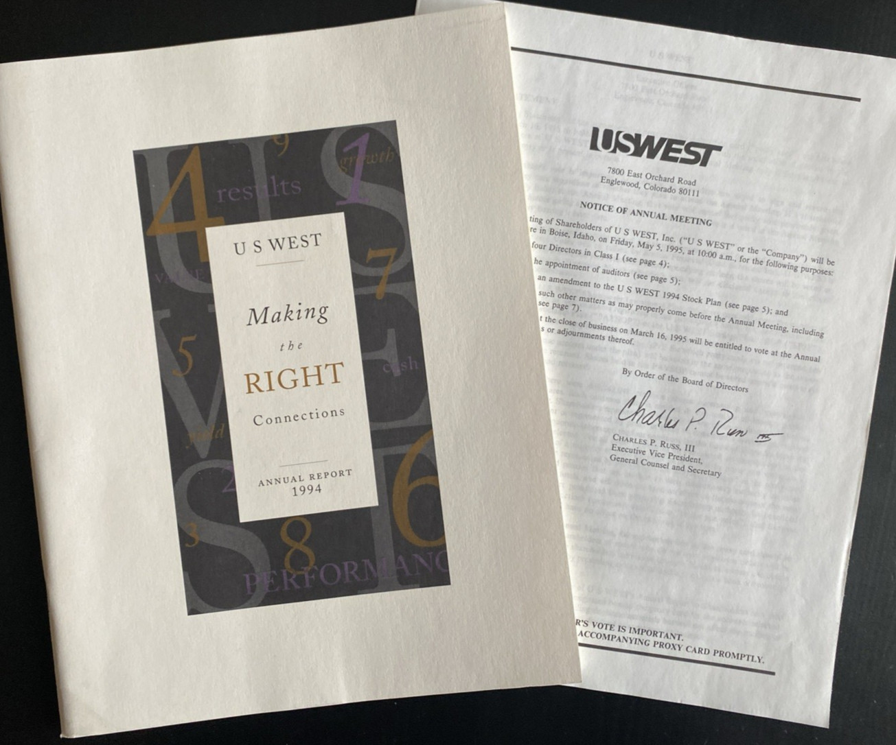 Vtg 1994 Annual Report US West Inc Colorado -Dick Cheney Board Member- 56 pgs