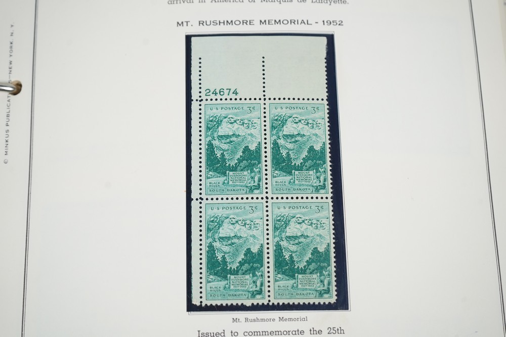 US 1950s-1960s COLLECTION OF 240 MINT PLATE BLOCKS STORED IN MINKUS ALBUM