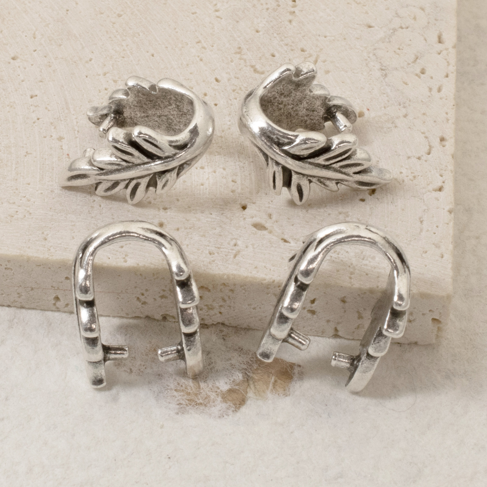 4 Silver Leaf Pendant Pinch Bails - Elegant Botanical Design for Jewelry Making