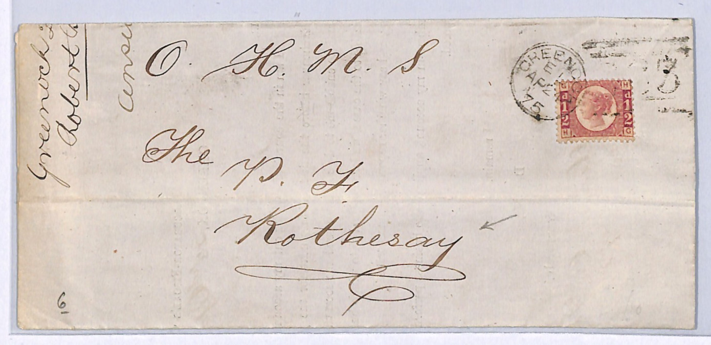 GB QV BANTAM ½d Plate 6 HALFPENNY *OHMS* Cover Greenock 1875 Rothesay XB49