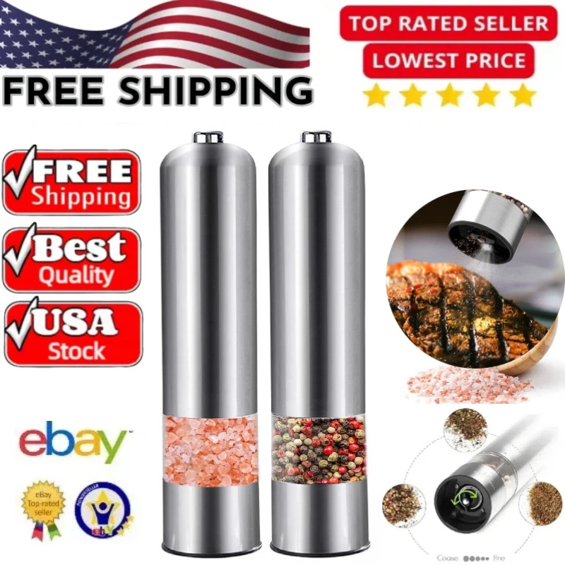 Adjustable Electric Salt Pepper Grinder Mill Shakers Set Stainless Steel (2PACK)