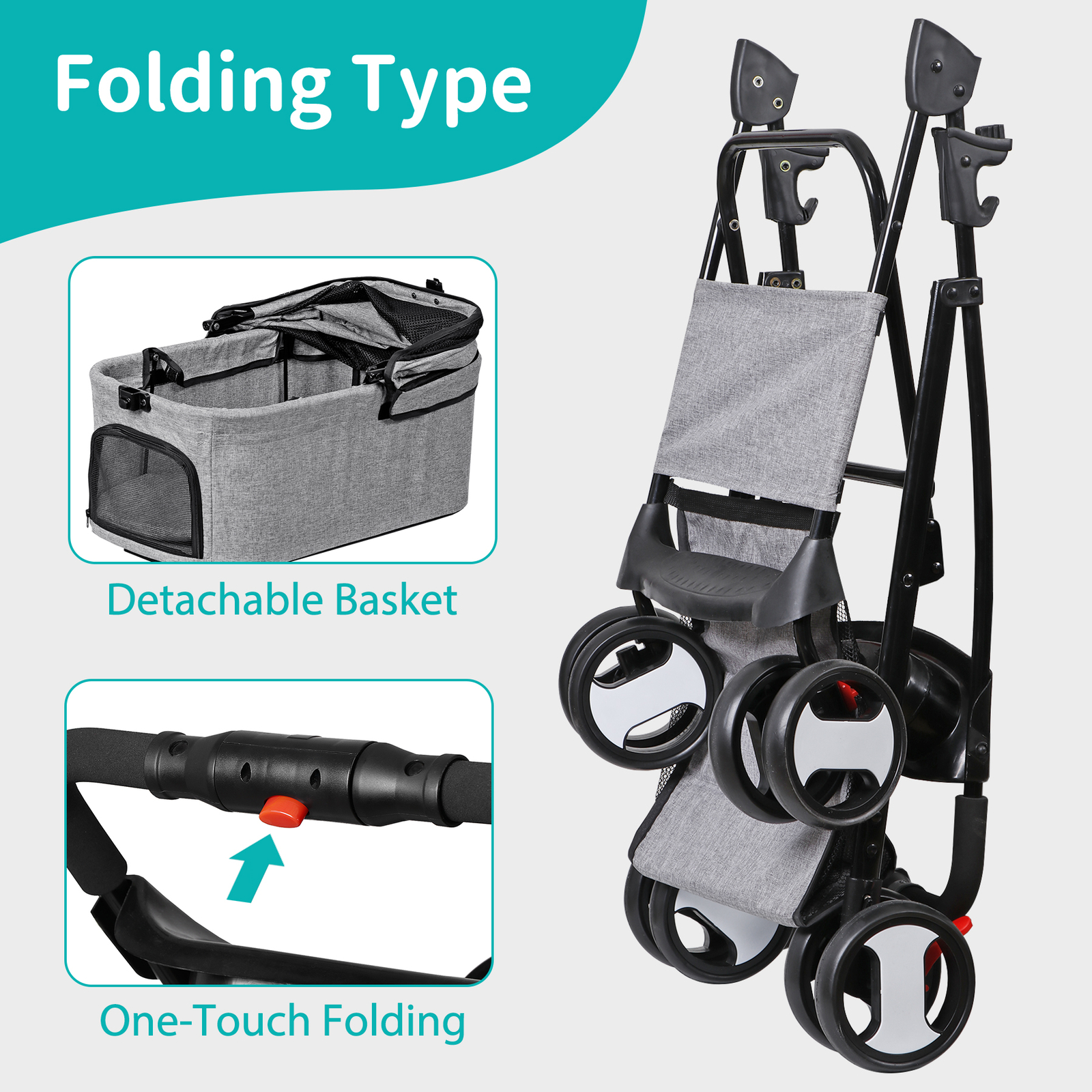 Pet Stroller Foldable Dog Cat Jogger Stroller w/4 Wheel & Detachable Basket Gray