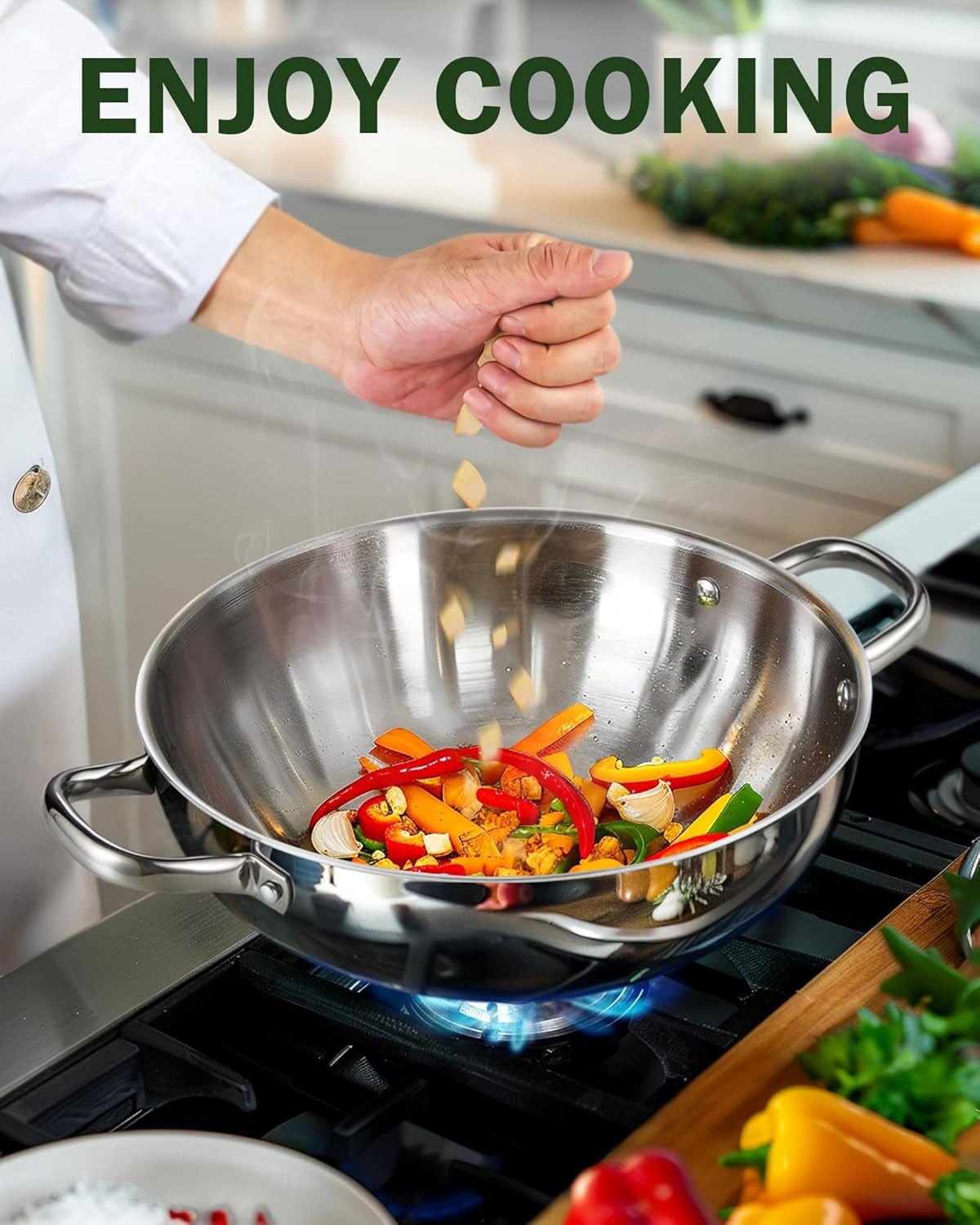 Cook N Home Tri-Ply Stainless Steel Wok, 12 Inch, Induction Compatible, Flat