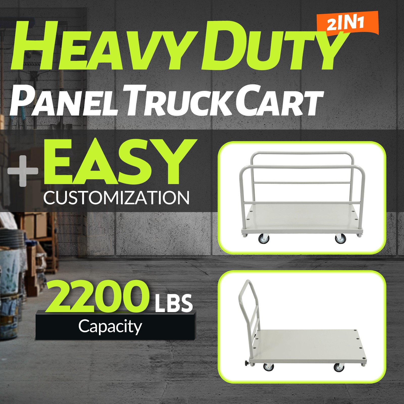2-in-1 Steel Panel Dolly Drywall Cart 2200lbs Platform Truck Cart with 4 Casters