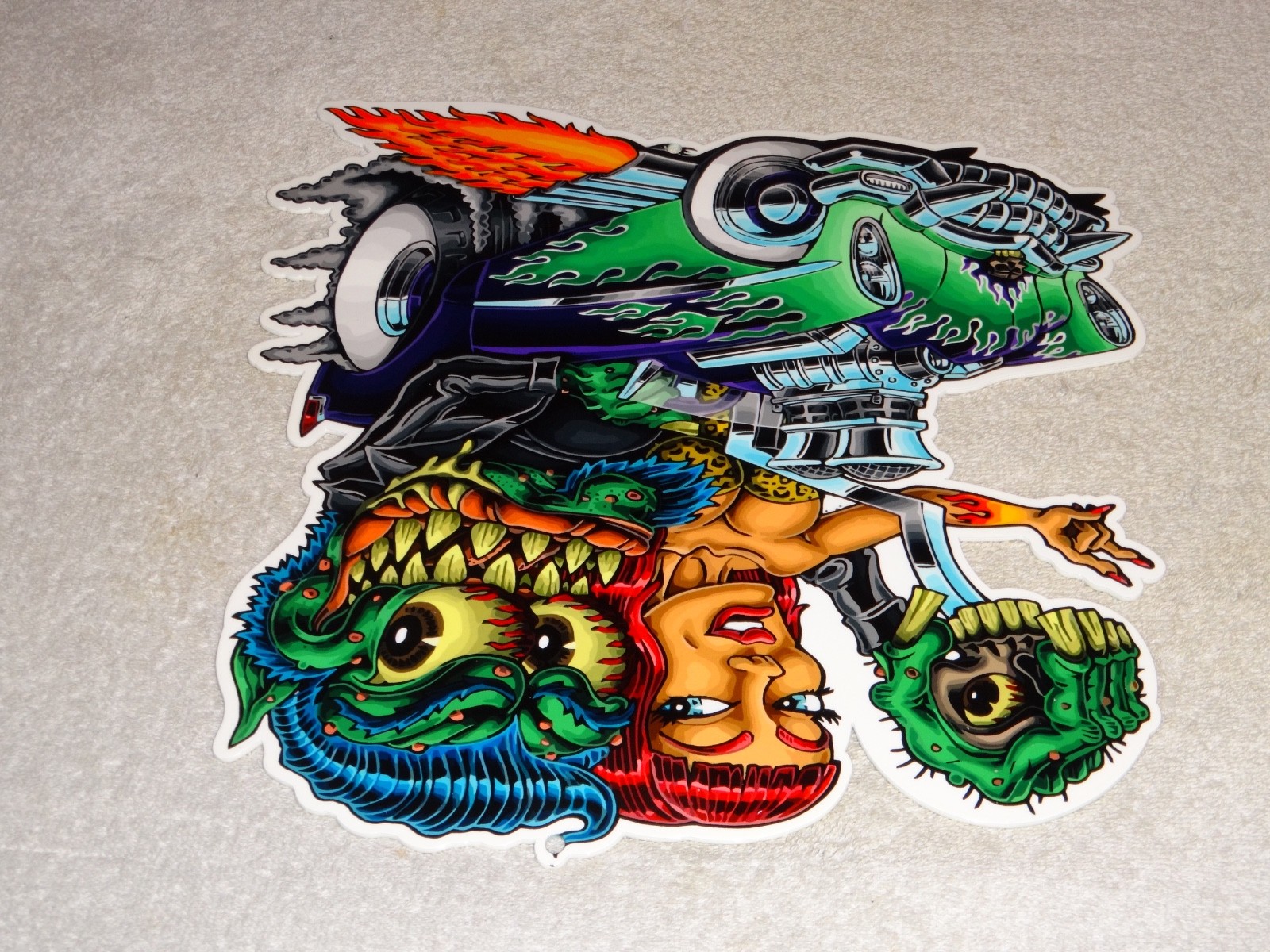 VINTAGE RATFINK DRIVES CAR W/ WOMAN MONSTER 12" METAL GASOLINE OIL RAT FINK SIGN