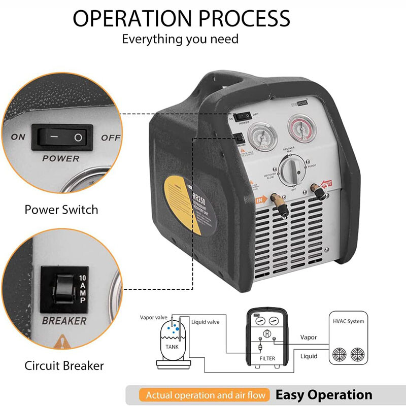 Portable 3/4 HP Refrigerant Recovery Machine for Vapor Liquid Refrigerant Grey