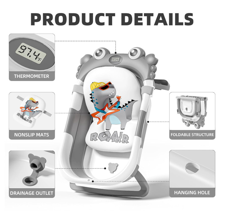 Collapsible Baby Bathtub for Newborns to Toddler with Real-time Temp Monitor & F