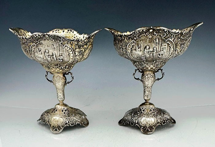 Pair German 800 Silver FIGURAL COMPOTES 26 oz