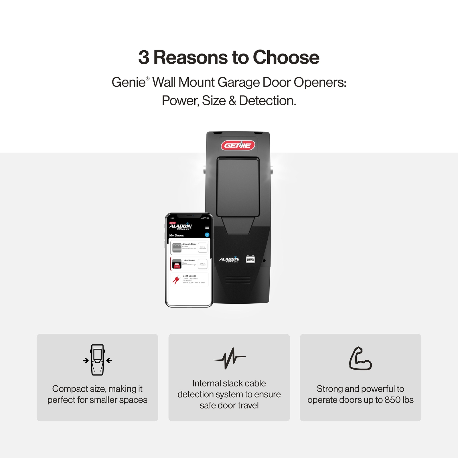 Genie 6172H-BO Wall Mount Smart Garage Door Opener with Battery Backup