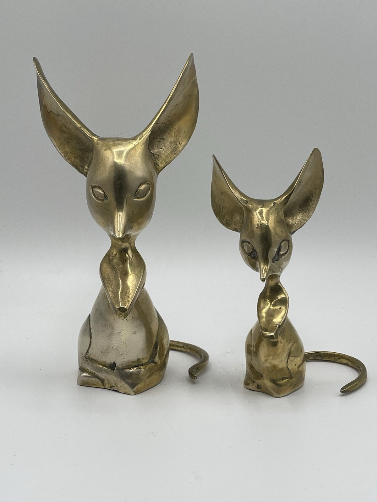 VTG Pair Of Big Eared Long Tail Whimsical Mouse 5”/  7” Solid Brass MCM Decor