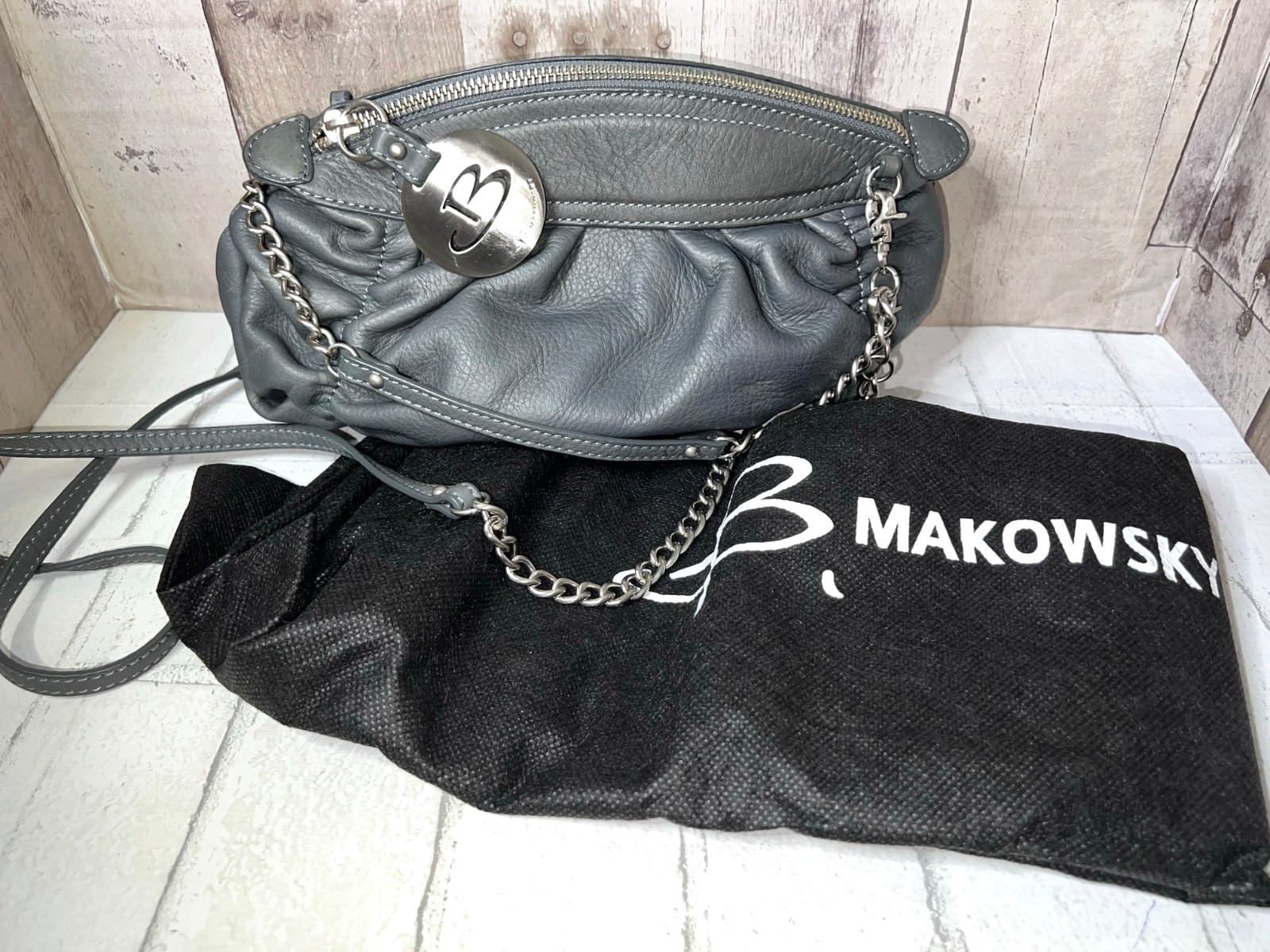 B Makowski Gray Leather Crossbody Bag, Dust Bag Included