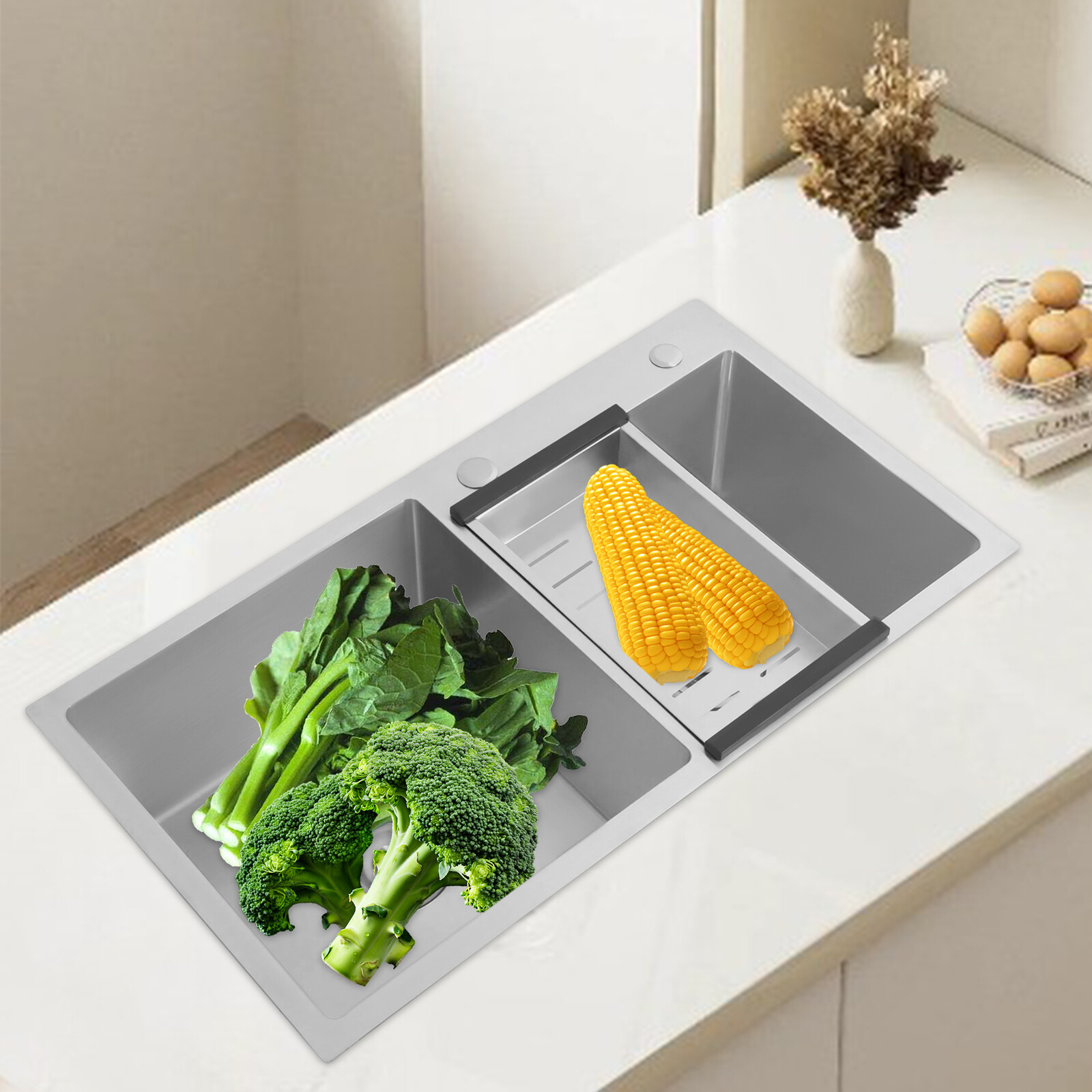 Stainless Steel Kitchen Sink Double Bowl Kitchen Sink with Drain Basket
