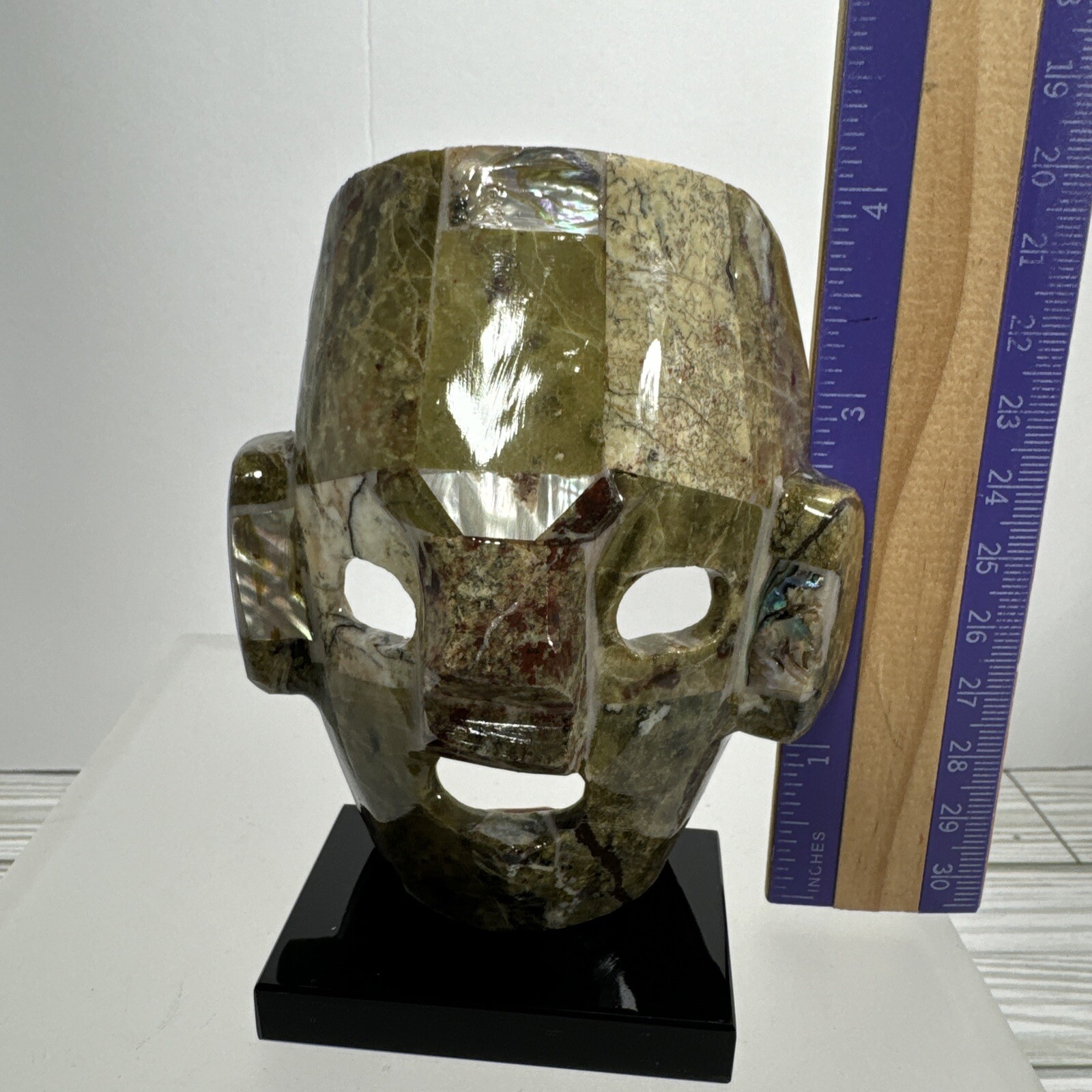 Mexican Mayan Tribal Burial Face Mask Green Stones Mixed Abalone Shell Onyx Base