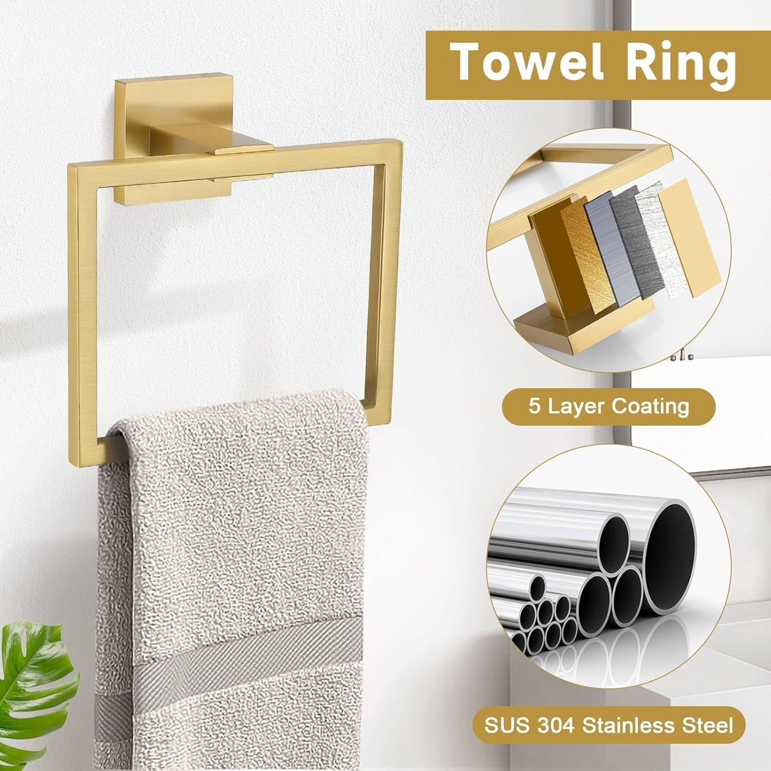 5-Pieces Matte Gold Bathroom Hardware Accessories Set 24 Inch Towel Bar Towe