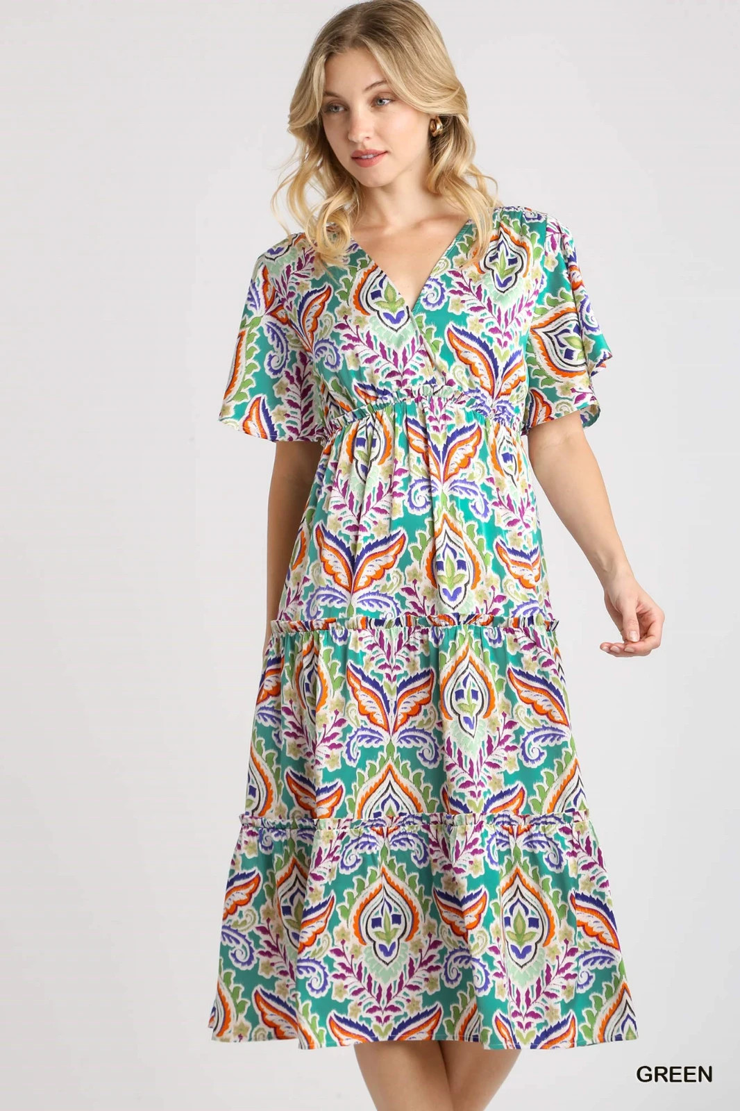 Umgee Multi Satin Paisley Ruffle Trim Tiered A-Line Midi Dress