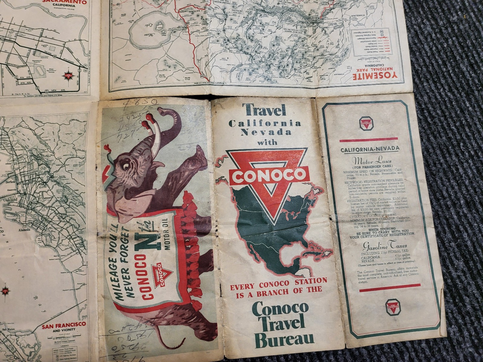 Vintage Conoco Travel Bureau CALIFORNIA NEVADA Oil Gas State Highway Road Map