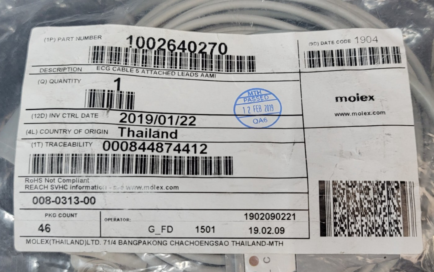 Welch Allyn ECG Cable 6 Pin 5 Leads Snap AHA Compatible 12' 008-0313-00